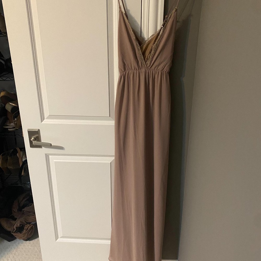 Abegayle Plunging Maxi Dress- Size Small, Taupe